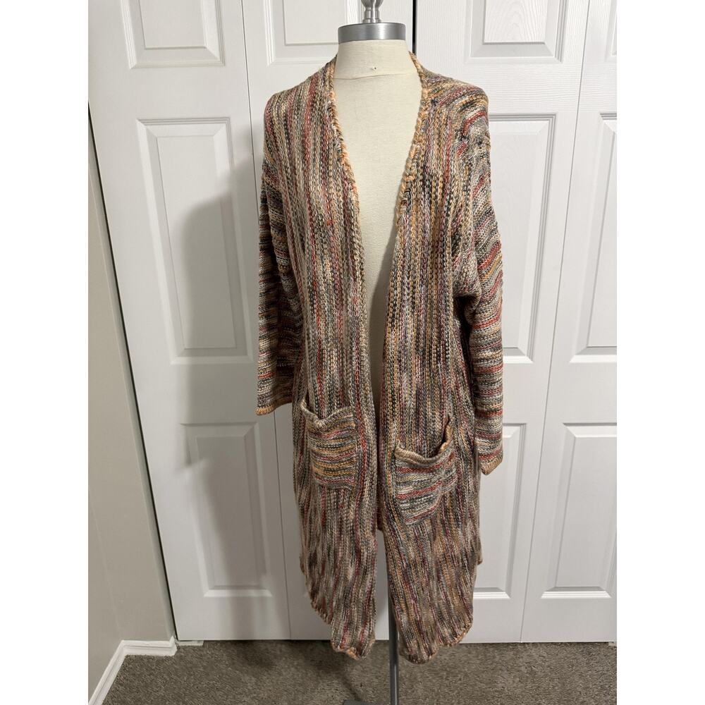 POL Cardigan Sweater Womens Large Multicolor Longline Open Front Knit Pockets